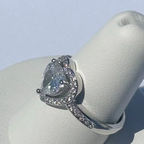 Silver Heart Cut Stone Ring with Pave Detailing Adjustable - Picture 10 of 14